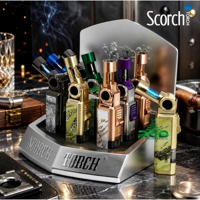 SCORCH TORCH SINGLE TORCH MOVABLE NOZZLE & CIGAR PUNCH ASST. COLORS - 9CT/ DISPLAY